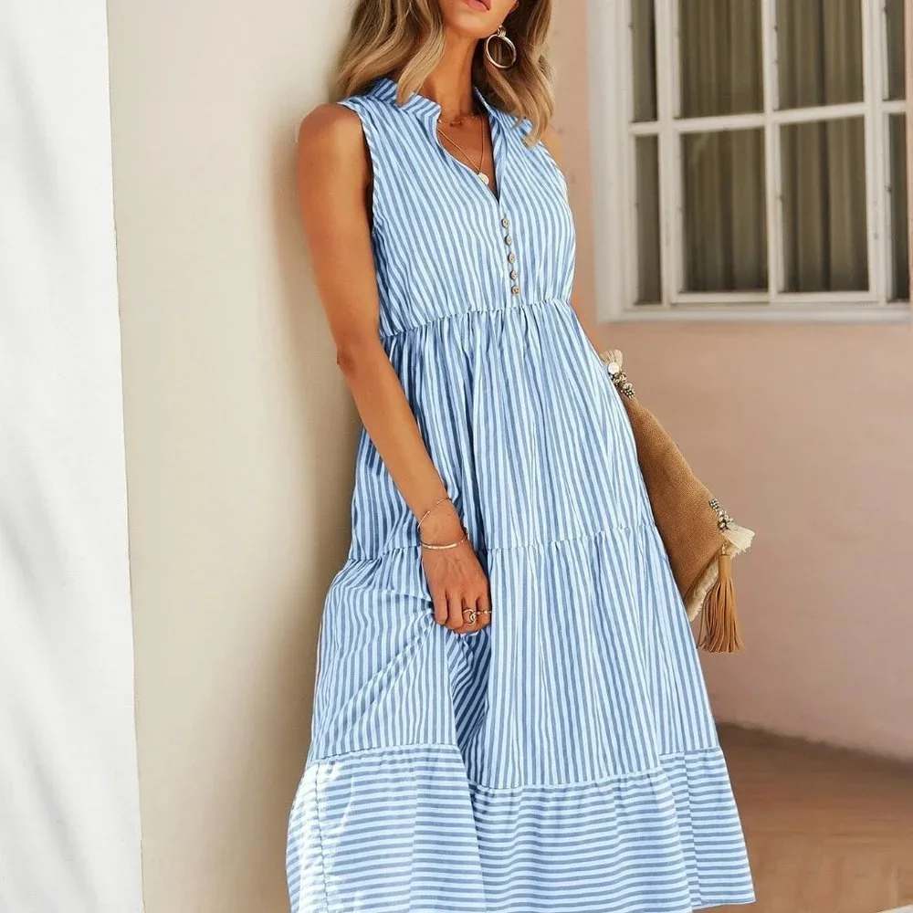 Blue Boho Womens Striped Print Notched Neck A-line Dress - Picture 5 of 5